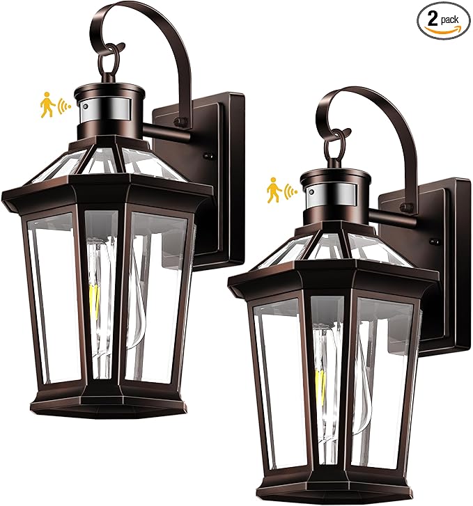 VIANIS Motion Sensor Outdoor Lights, 2 Packs Oil Rubbed Bronze Dusk to Dawn Outdoor Wall Lights Exterior, 100% Anti-Rust Aluminum Front Porch Wall Lantern, Modern Outdoor Wall Sconce for House, E26