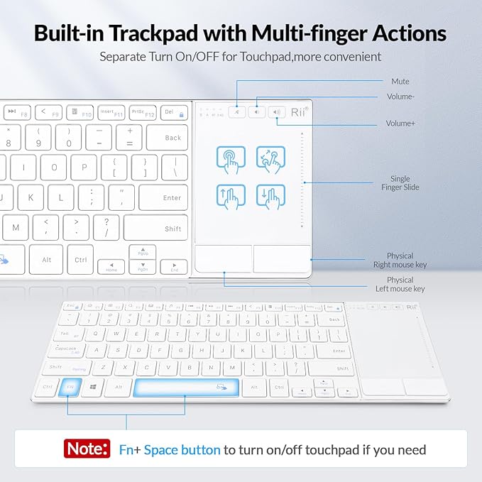 Rii K22S 2.4G Wireless and Bluetooth Touch TV Keyboard with Easy Media Control and Built-in Touchpad,Stainless Steel Compact Keyboard for Windows, Android, Chrome OS, Laptop, Tablet - White