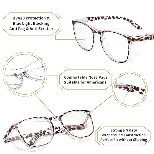 Alsenor Safety Glasses Anti Fog Goggles Protective Eyewear Blue Light Blocking Anti Dust UV Protection Glasses For Men Women (New-Leopard)