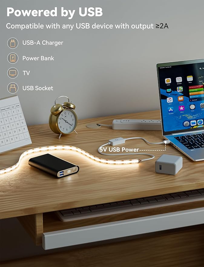 MIWISE LED Strip Lights,Super Bright 5V USB COB Tape Light 6.56ft/2m 4000K Natural White with Touch Dimmer Switch,CRI90+ Flexible Dimmable TV Backlights,for Mirrors,Under Cabinet,Home DIY Projects
