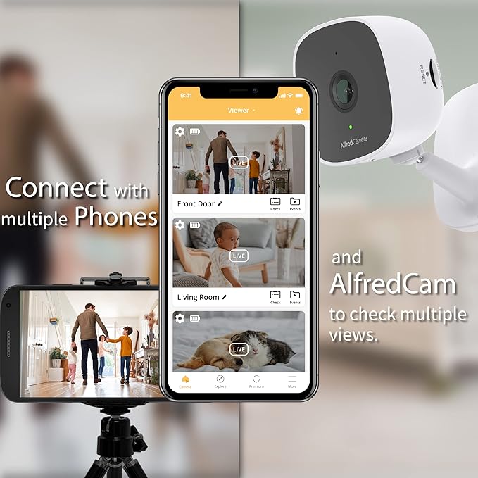 AlfredCam Indoor WiFi Security Camera, FullHD 1080P, 2.4G/WiFi, Continuous Recording, Motion Detection, Night Vision, Baby Monitor/Pet/Nanny Cam, App Powered (70M+ downloads)