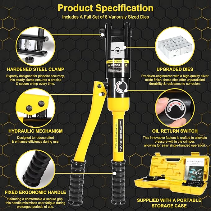 12 Tons Hydraulic Crimping Tool with 8 Dies for 8AWG-4/0AWG Cables & Stainless Steel, Professional Battery Terminal & Wire Rope Crimper Kit with Portable Case