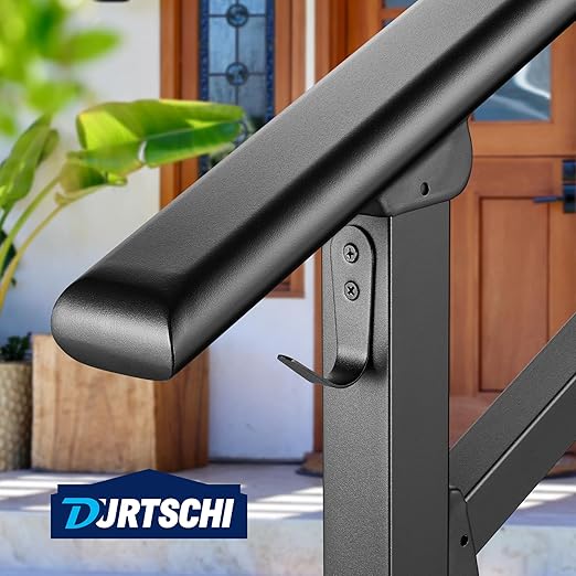 Updated Handrails for Outdoor Steps, 3-4 Steps Wrought Iron Stair Railing with Fence, Flexible Exterior Hand Railing for Concrete or Wooden Stairs, Black Transitional Handrails with Installation Kit