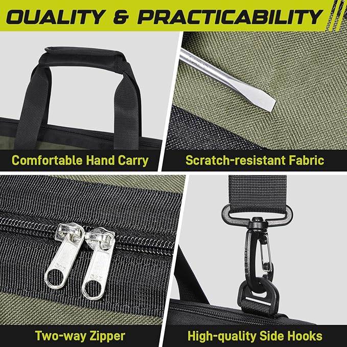 Tool Bag 16-Inch, 15 Pockets Heavy Duty Empty Tool Storage Organization, Soft Handle Carrying Toolbag,Toolbox Organization Tool Bags for Men,Army Green & Black