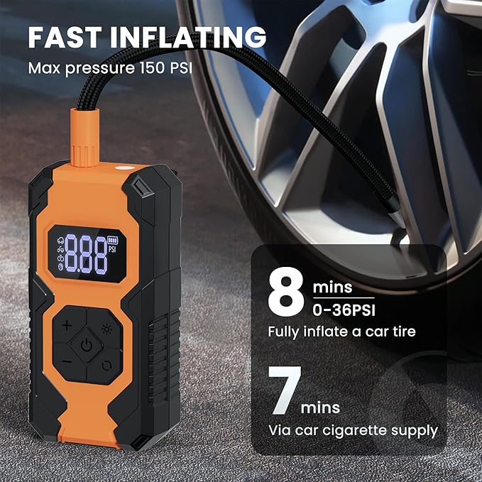 Tire Inflator Portable Air Compressor,3X Faster Portable Air Pump for Car Tires with 7800mAh Battery,150PSI Cordless Air Pump with Digital Pressure Gauge for Cars,Bike &Motorcycle,Black+Orange
