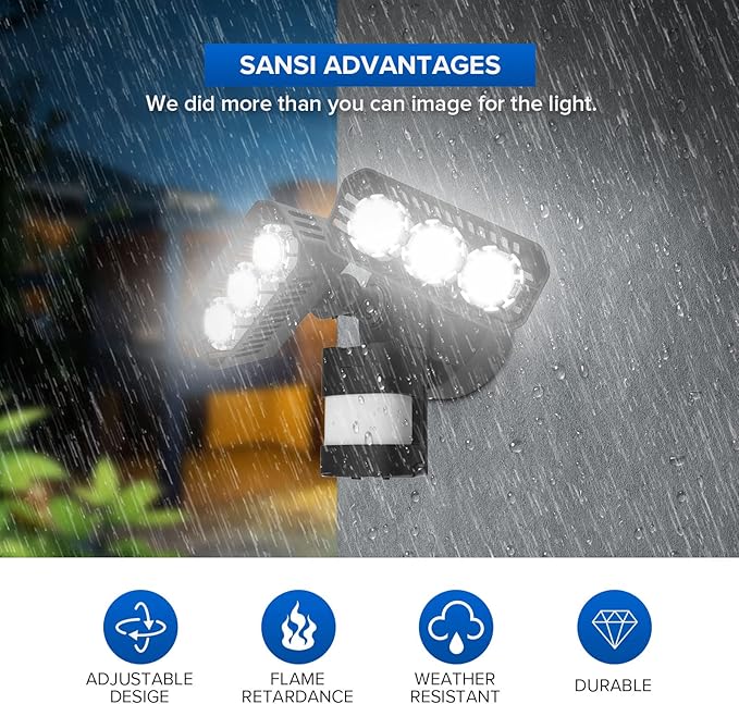 SANSI LED Outdoor Motion-Activated Security Lights, 27W (200W Equiv.) 2700lm, 5000K Daylight, Waterproof Flood Light with Adjustable Head, 5 Year Warranty, Black