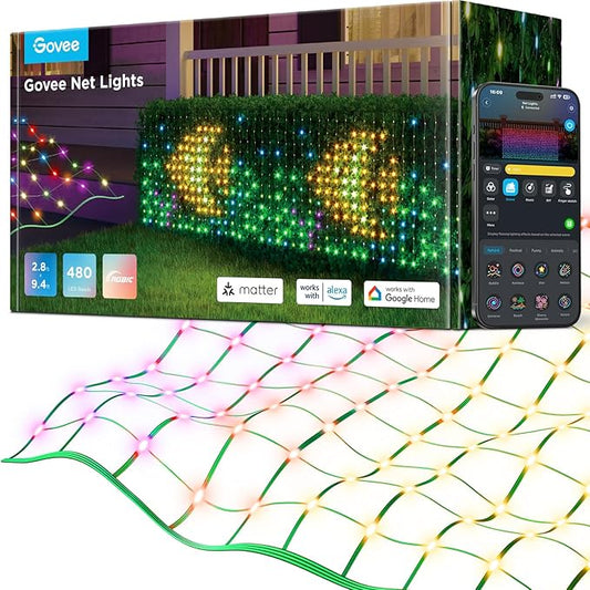 Govee Outdoor Net Lights, 2.8 × 9.4ft with RGBIC and DIY Functions, 480 LEDs Smart Net Lights with 64 Modes for Bush Patio Decor, IP65 Waterproof, Compatible with Alexa & Google Assistant, Green Wire
