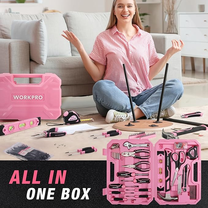 WORKPRO Pink Tool Set, 258 PCS Tool Kit for Women, Basic Household Tool Box with Hammer, Screwdriver Set, Portable Toolkit for Home Repair, New Apartment, House-Warming, DIY - Pink Ribbon