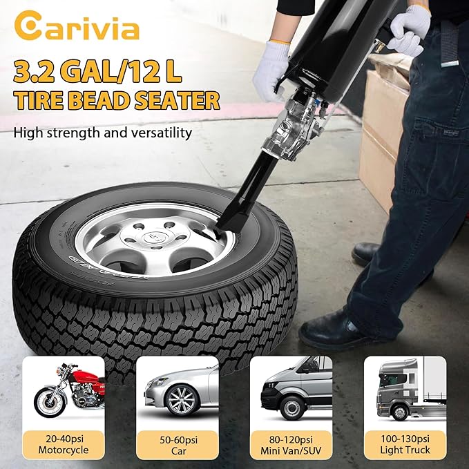 3.2Gal/12L Tire Bead Seater, 145 PSI Portable Bead Blaster Tire Inflator, Handheld Trigger Seating Inflator for Tractor, Truck, ATV, Car & Auto Repair, Black