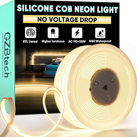 GZBtech Silicone COB Neon Rope Lights 50FT/15M, 2800K Super Bright Warm White Waterproof Neon Strip Light, AC 110-120V Flexible Soft Cuttable Tape Rope Lighting for Indoor Outdoor Home Commercial