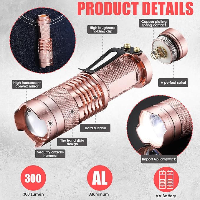 Fumete 20 Pieces LED Flashlight Mini 3 Mode Tactical Torch Small Water Resistant Pocket Flash Light Adjustable Focus Light Pen for Men, Father, Indoor Outdoor Hiking(Pink)