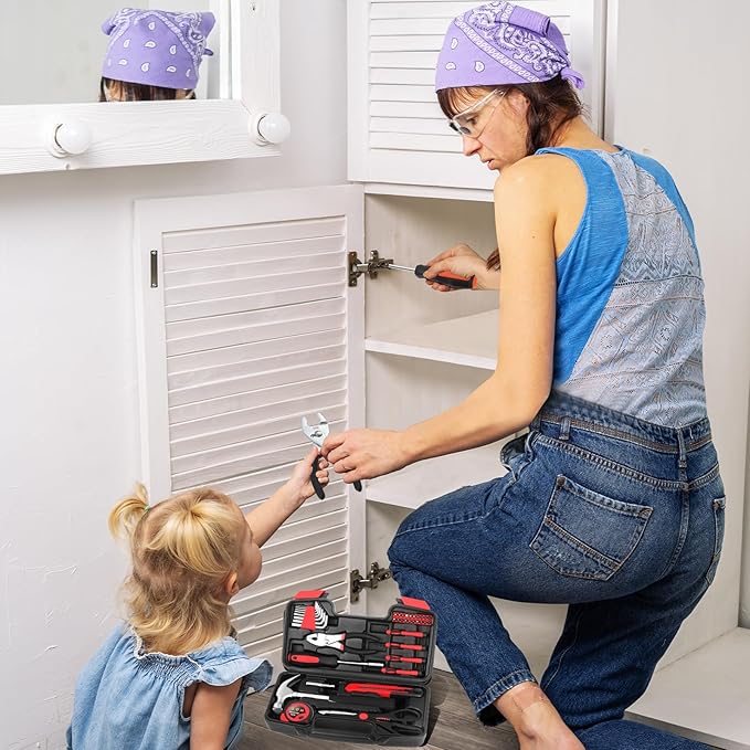 39-Piece Household Tool Set with Toolbox Storage Case - All Purpose Small Hand Tool Kit Includes Essential Tools for Home, Office, College Repairs, Red