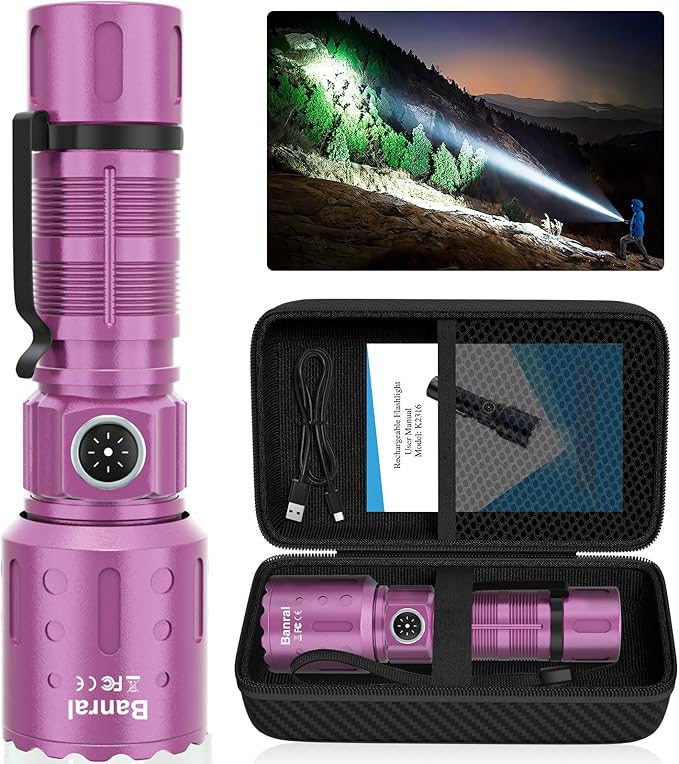Flashlights High Lumens Rechargeable, Super Bright Long Range Small Powerful Flashlight, 6 Modes LED Tactical Pocket Waterproof Flash Light for Home Emergency (1, Purple)