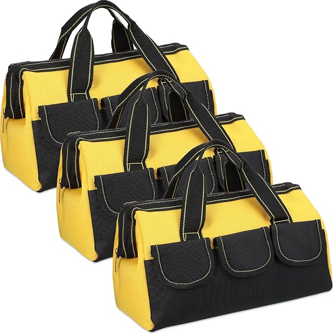 Sanwuta 3 Pack Tool Bag for Men with Waterproof Hard Bottom, Heavy Duty Tool Bag Wide Mouth Tote for Various Instrument, Electrician Carpenter Mechanic(16 Inch,Yellow)