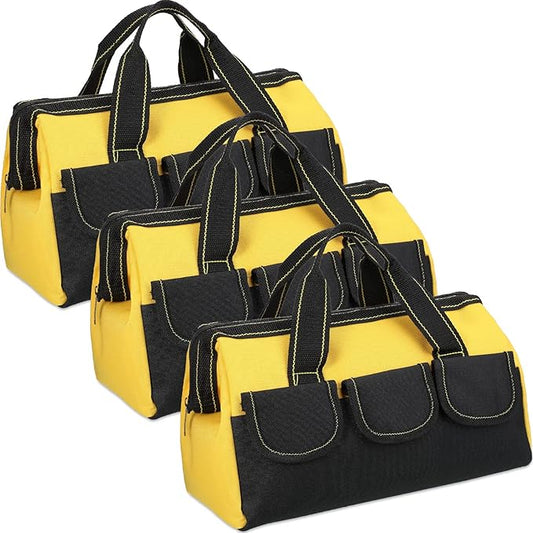 Sanwuta 3 Pack Tool Bag for Men with Waterproof Hard Bottom, Heavy Duty Tool Bag Wide Mouth Tote for Various Instrument, Electrician Carpenter Mechanic(16 Inch,Yellow)