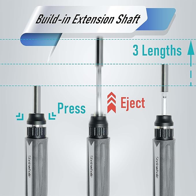 32 in 1 Ratchet Screwdriver Set with Push-Eject Extension Rod, 48-Tooth Gear Ratchet, Antislip Soft Handle, Magnetic Bit Holder, 30pcs S2 Steel Bits, Excellent Handling and Versatile Use