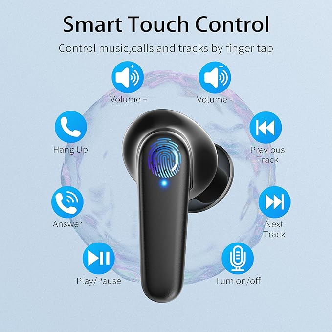 Wireless Ear Buds Bluetooth 5.3 60H Using Time Headphones Deep Bass Clear Call Earbuds with Built-in Mic Touch Control Lightweight Headsets for Studying Working Gaming Black