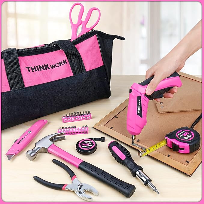 THINKWORK 41 Piece Pink Tool Set - Lady's Hand Tool Set with 3.6V Rotatable Electric Screwdriver, Home Repairing Tool Kit for Women with Large Mouth Open Tool Bag, Perfect for Home DIY, Daily Use