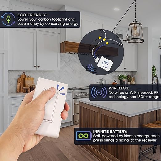 RunLessWire Single Pole Battery-Free DIY Wireless Light Switch Kit 150ft RF Range Self-Powered by Kinetic Energy for Fixtures & Outlets : 1 Remote Switch Controls 1 5A On/Off Receiver – Light Almond