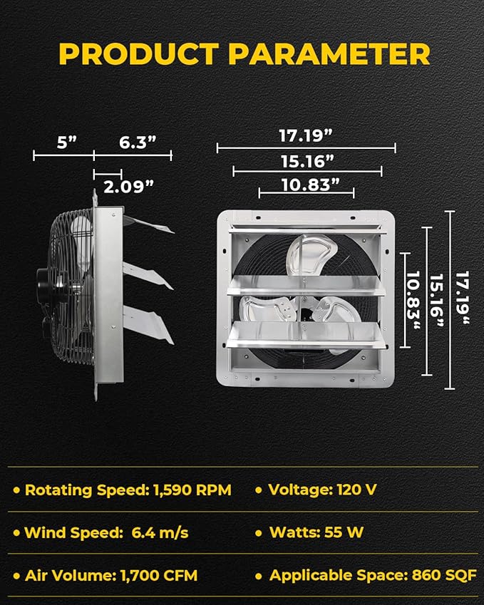VENTISOL 14 Inch Shutter Exhaust Fan, Ven Fan with Power Cord Wall Mount, High Speed 1520CFM for Garages, Attic, Shops, Greenhouse