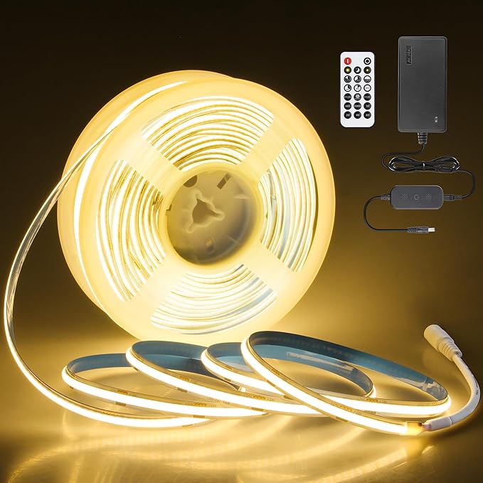 65.6FT/Roll COB Led Strip Lights 3000K 24V Dimmable LED Light Strip with Remote/App CRI 90+ Warm White 480LED/M Hight Density Super Bright Flexible LED Tape Light for Bedroom Cabinet Home DIY Lighting