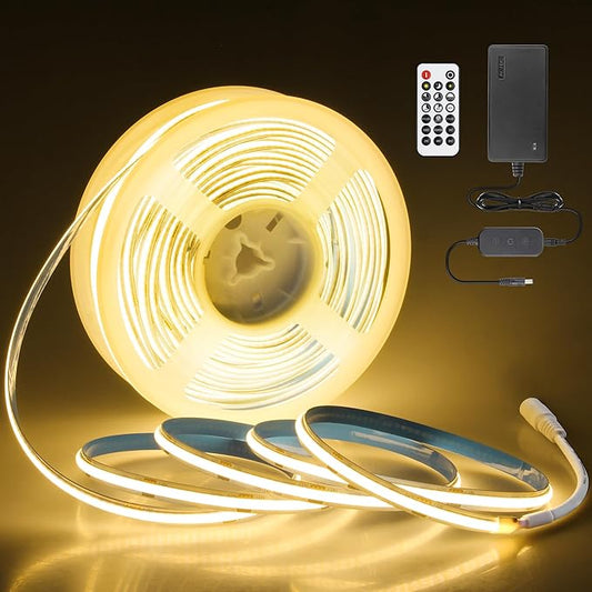 65.6FT/Roll COB Led Strip Lights 3000K 24V Dimmable LED Light Strip with Remote/App CRI 90+ Warm White 480LED/M Hight Density Super Bright Flexible LED Tape Light for Bedroom Cabinet Home DIY Lighting