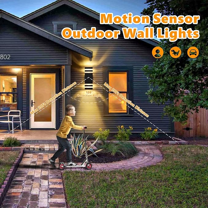 DASTOR Motion Sensor Outdoor Wall Lights 2 Pack, Dusk to Dawn Outdoor Lighting, 2-Layer Exterior Porch Light Fixtures, Up and Down Outside Lights for House Garage