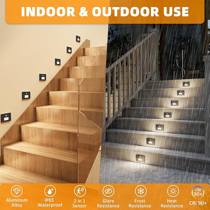 Stair Lights Motion Sensor Indoor Outdoor, 5CCT Dimmable LED Step Lamp with Switch, 4W 300LM, 2700K-6500K, IP66 Waterproof Hardwired 120V Stairway Staircase Walkway Lighting- Black, 3 Pack, ETL