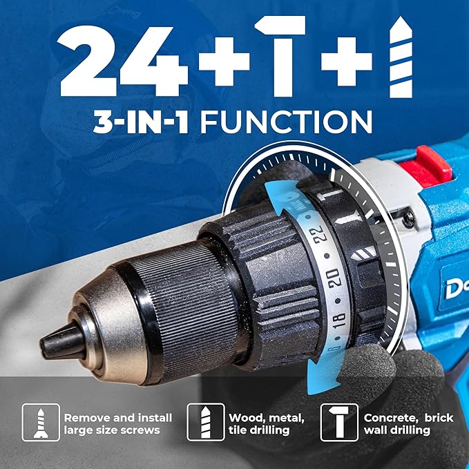 Dong Cheng 20V Brushless Hammer Drill, 1065 in-lbs, 1/2" Keyless Metal Chuck, 24+1+1 Clutch, Cordless Hammer Drill with 4.0Ah Battery Kit for Drilling Brick Wall, Metal, Wood