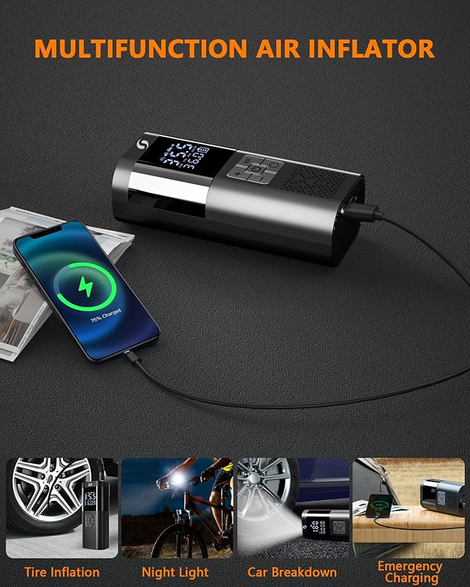 Tire Inflator Portable Air Compressor, Portable Air Pump with Pressure Gauge, Electric Tire Pump Battery 150PSI 12V DC, Cordless Tire Inflator with LED for Car Motorcycle Bicycle Ball