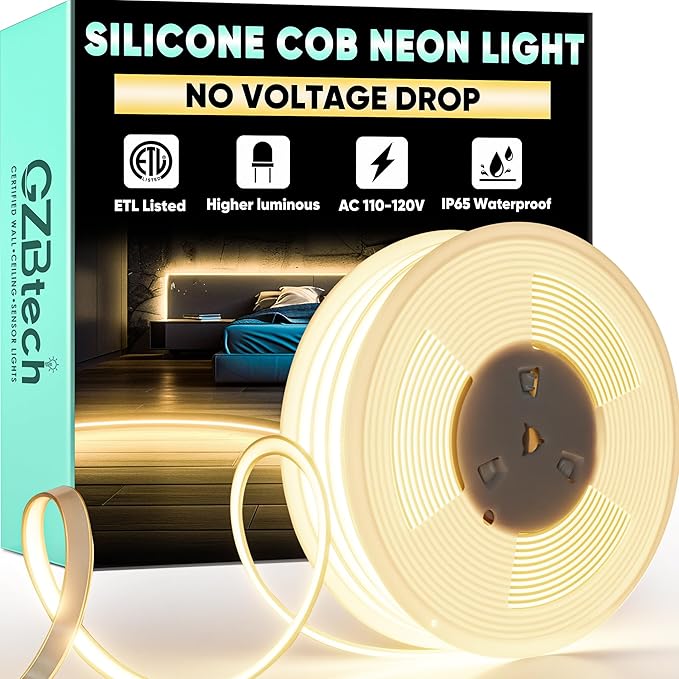 GZBtech Silicone COB Neon Rope Lights 66FT/20M, 2800K Super Bright Warm White Waterproof Neon Strip Light, AC 110-120V Flexible Soft Cuttable Tape Rope Lighting for Indoor Outdoor Home Commercial