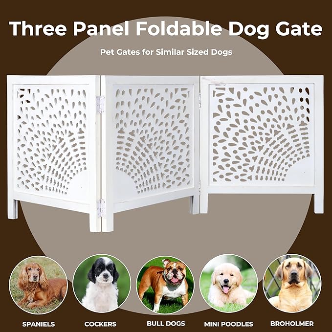 Wooden Dog Gate 20" Wide x3 Panels,White Wash Color, Total 60 inch Wide, Foldable Free Standing Dog Gate Indoor,Dcorative Gates Doorways, 3 Panels Pet Gate Extra 24" Height Bedding Craft