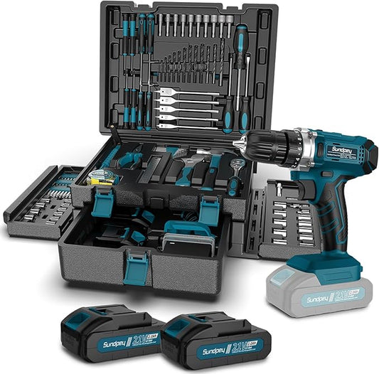 Tool Kit with 21V Cordless Drill - Sundpey 255-PCs Portable Complete General Basic Home and Auto Repair Tool Set with Drawer for Handyman & Diyer & Homeowner - Power Drill with 2 x 2.0Ah Batteries