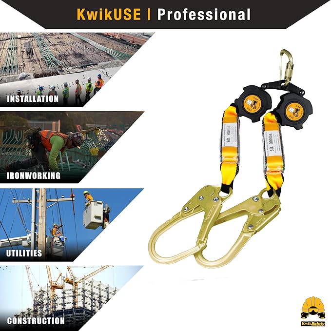 KwikSafety - 6' COBRA Web Twin-Leg Self Retracting Lifeline [NO Tangle Web] Class 1 Retractable SRL Lanyard ANSI OSHA