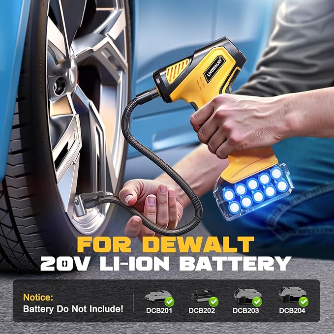 Tire Inflator Portable Air Compressor Compatible With Dewalt 20V Battery, LIVOWALNY 150PSI Air Pump Cordless Tire Pump Digital Pressure Gauge, Tire Inflator for Car, Bike, Motorcycle (No Battery)
