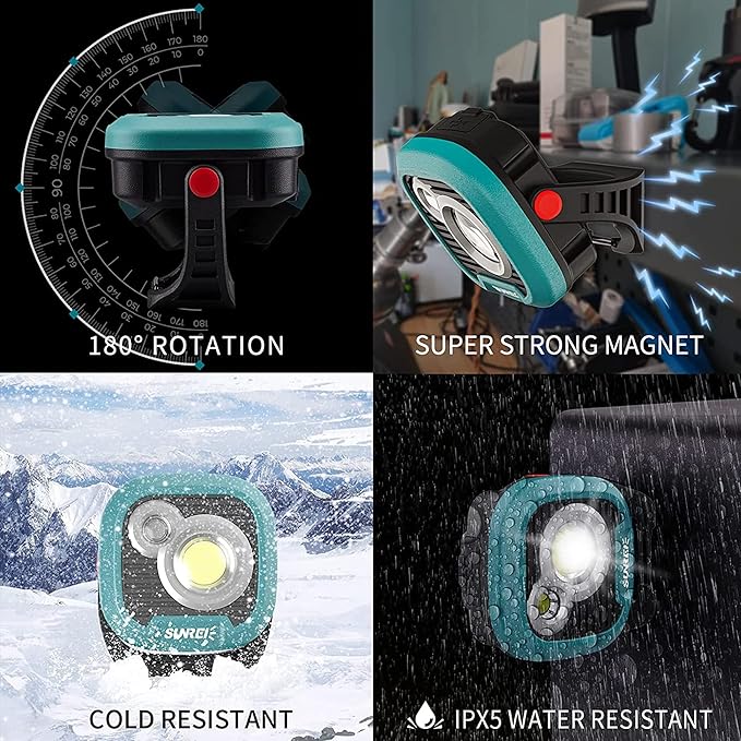 LED Rechargeable Magnetic Work Light SUNREI Mechanic Light Power Bank 180° Rotating, 1500LM, 6 Modes, Magnetic&Hook, 13500mAh Battery, Magnetic Flashlight for Camping, Car Repairing (Blue)