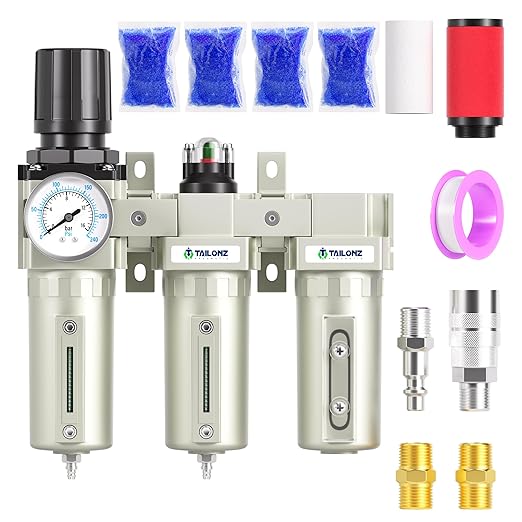 TAILONZ PNEUMATIC 0-240PSI 1/2 Inch NPT Industrial Grade Three Stage Air Drying System, Particulate Filter, Coalescing Filter, Desiccant Dryer and Air Regulator (Manual Drainage)