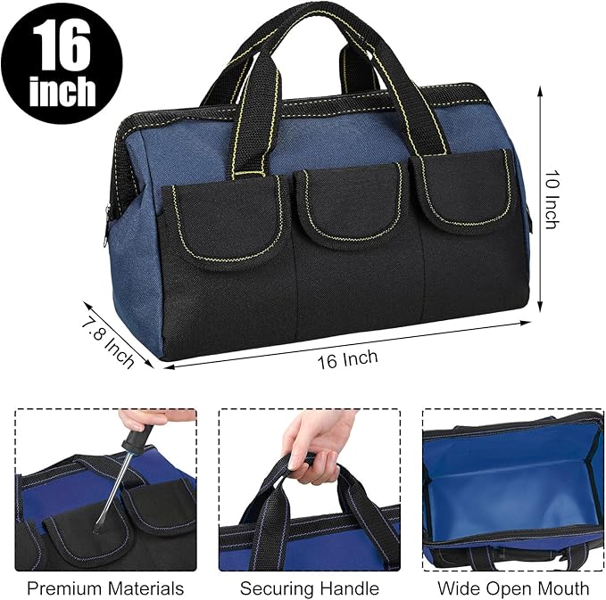 Sanwuta 3 Pack Tool Bag for Men with Waterproof Hard Bottom, Heavy Duty Tool Bag Wide Mouth Tote for Various Instrument, Electrician Carpenter Mechanic(16 Inch,Blue)