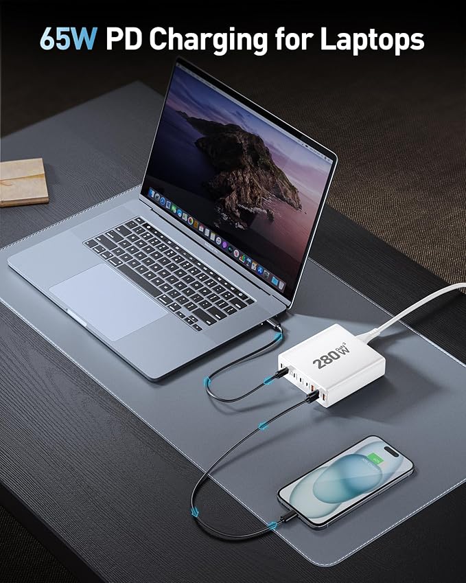 280W USB C Charger Block, 8-Port USB C Charging Station GaN III PD 65W Laptop Charger Adapter Compatible with MacBookPro/Air,DELL,iPad,Portable Charging Station for iPhone,Samsung Galaxy (White)