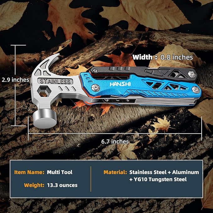 HANSHI Replaceable Wire Cutter Hammer Multitool with Nylon Sheath for Outdoor,Camping,Survival,Hiking,17 In 1 Pocket Multi Tool with Spring-Action Plier,Knife,Flint Rod,Safty Whistle for Gift