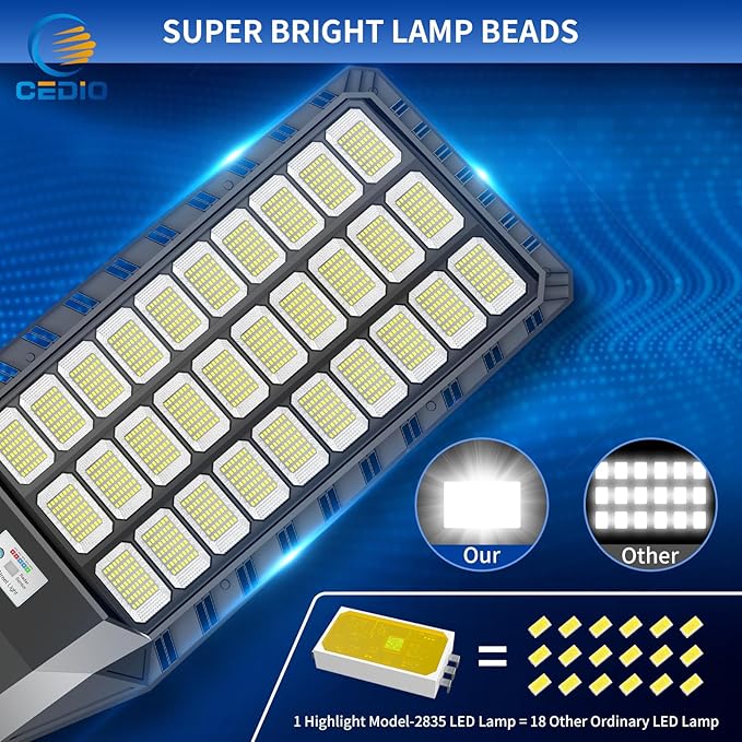 CEDIO Solar Street Lights Outdoor, 9800W Solar Lights Outdoor, 450000 Lumens LED Street Light Waterproof IP67 Dusk to Dawn,LED Flood Light with Motion Sensor (9800W-1PC)