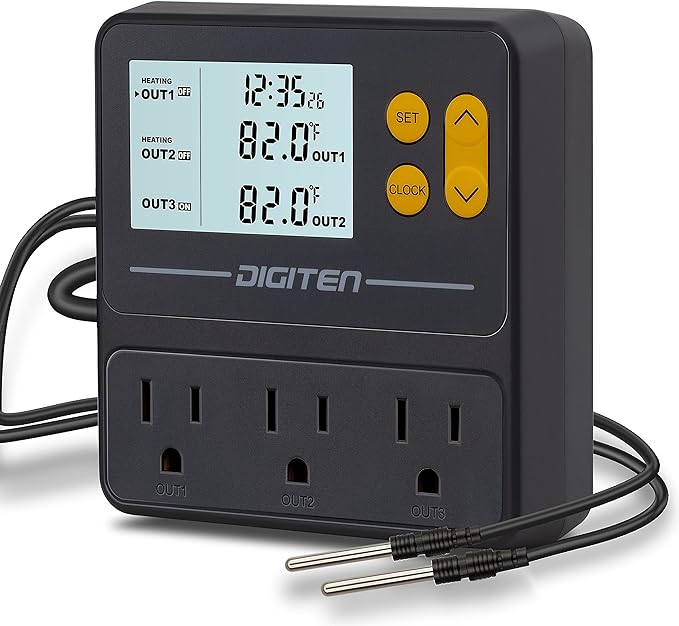 DIGITEN Reptile Temperature Controller with Timer Day-Night,3-Stage Outlet Thermostat Cooling Heating Mode Temperature Controlled for Ball Pythons,Mushroom,Fermentation,Bearded Dragon
