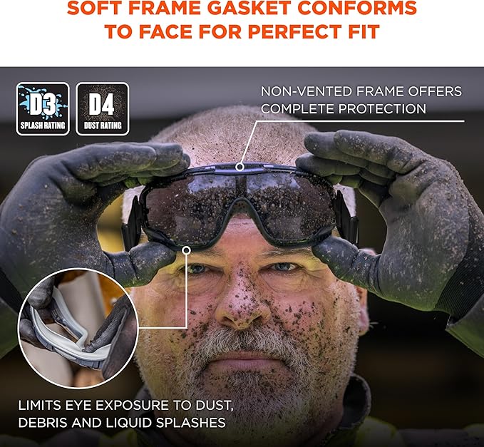 Ergodyne Skullerz Arkyn Protective Dust Safety Goggle, Non-Vented, Anti Fog, Scratch Resistant, Adjustable Neoprene Strap