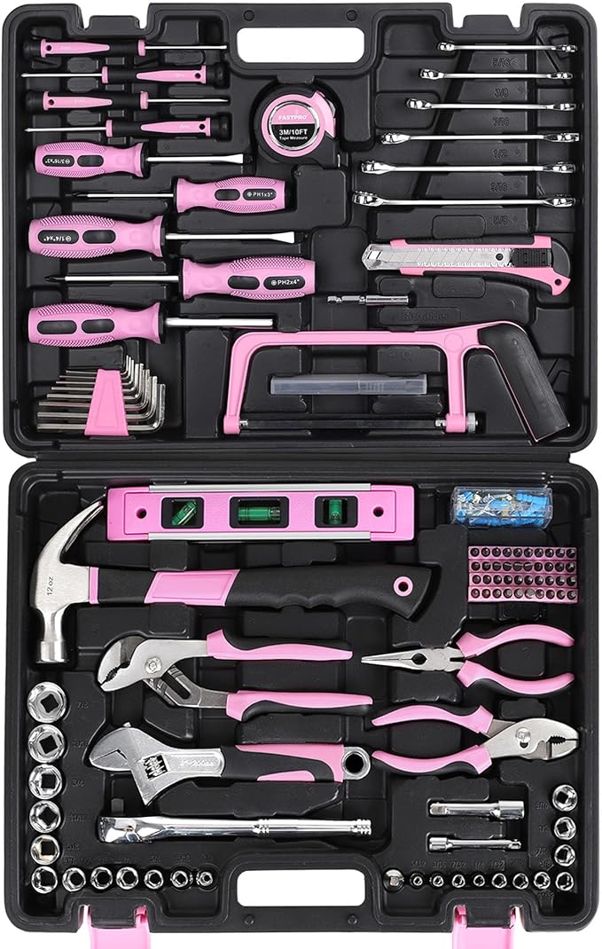 FASTPRO 198-Piece Pink Tool Set, Household Repairing Tool Set with Toolbox, SAE Mechanics Hand Tool Kit for DIY, Home Maintenance