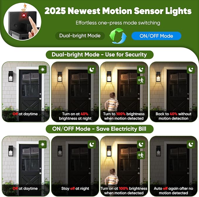 2-Pack Upgraded Motion Sensor Outdoor Wall Lights, 10.6” Small Dusk to Dawn Porch Lights Wall Sconce Lanterns, 3 Lighting Modes Exterior Lighting Fixtures, Black Outside Lights for House Front Door