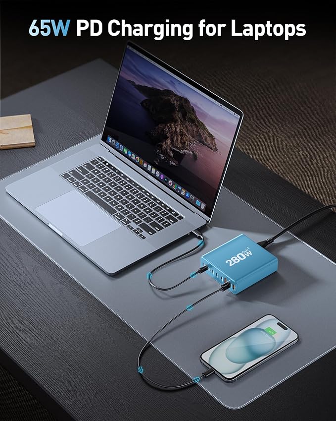 280W USB C Charger Block, 8-Port USB C Charging Station GaN III PD 65W Laptop Charger Adapter Compatible with MacBookPro/Air,DELL,iPad,Portable Charging Station for iPhone,Samsung Galaxy(Blue)