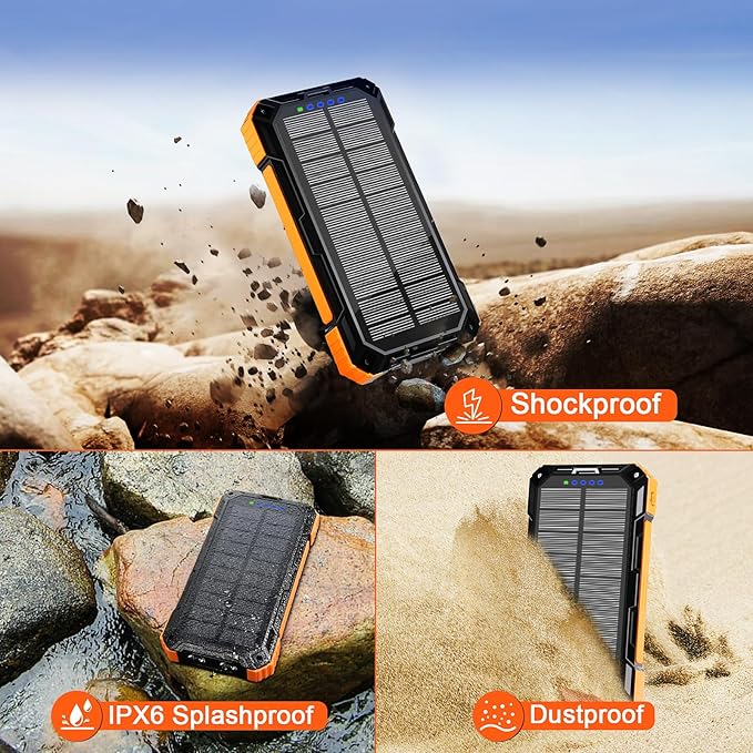WONGKUO Solar Charger Power Bank - 49800mAh Solar Phone Charger with USB-C in/Output, QC 3.0 Fast Charging with LED Flashlight, Portable Power Bank Built-in 4 Cables, IP65 Waterproof Fits for Outdoor