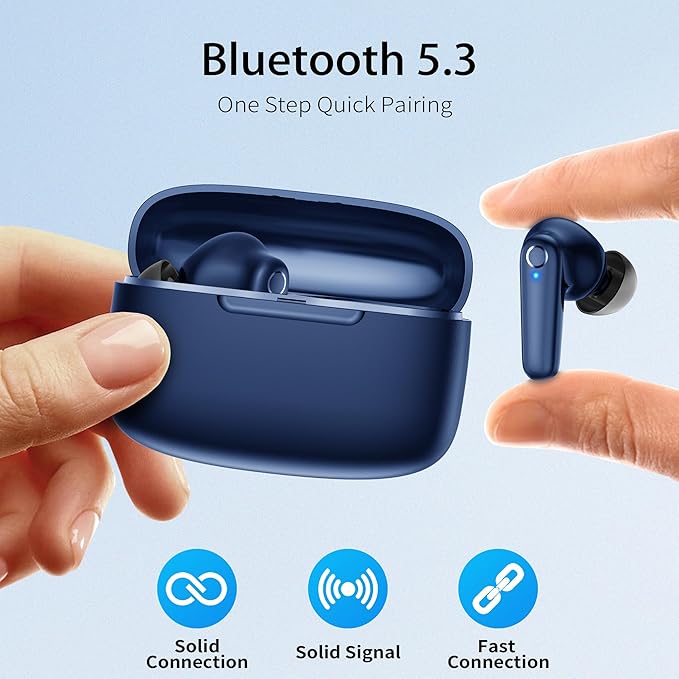 Wireless Ear Buds Bluetooth 5.3 60H Using Time Headphones Deep Bass Clear Call Earbuds with Built-in Mic Touch Control Lightweight Headsets for Studying Working Gaming Blue