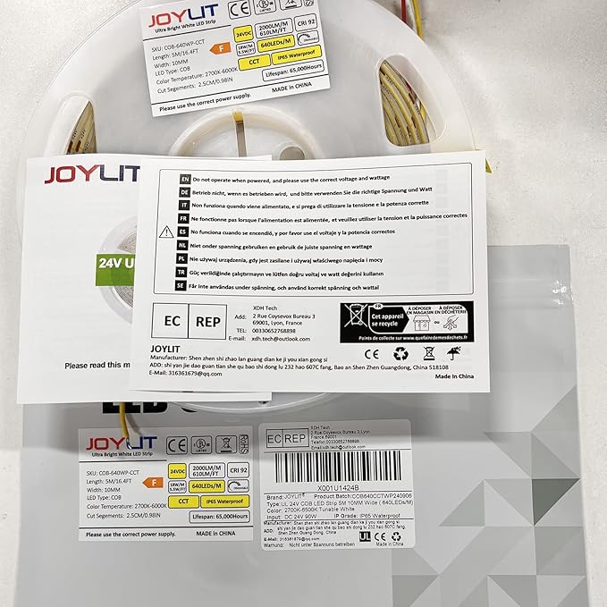 JOYLIT 24V COB CCT LED Strip Light Waterproof 16.4FT/5M 640LEDs/M 2700K-6000K, UL Listed PRO CRI 92+ LED Tape 10000lm Super Bright 90W Dimmable Warm White to Cool White Tunable Light Strip