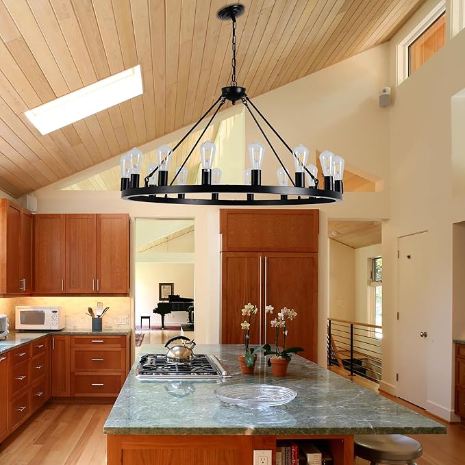 40" Black Wagon Wheel Chandelier,E26 16-Light Large Round Rustic Farmhouse Chandelier Industrial Pendant Light Fixtures for Dining Room Living Room Kitchen Island Entryway Foyer